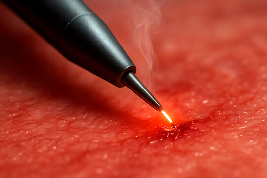 Close-up of a surgical laser cauterizing tissue. A fine beam emits a controlled glow, sealing the incision with precision. The scene captures sterile focus and medical innovation in action.