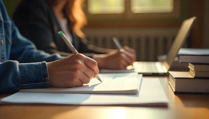 A student concentrating on writing in a notebook with a pen, reflecting the collaborative and empowering nature of modern education