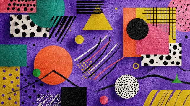 Vibrant Geometric Pattern with Purple Textured Background and Various Colored Shapes Including Circles Squares and Triangles in a Dynamic Composition