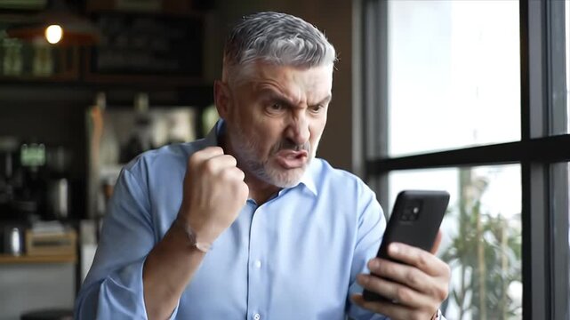 Furious businessman reacts intensely to bad news on smartphone clenching his fist in anger and frustration while using a mobile phone in a stressful situation
