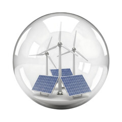Wind turbine and solar panel inside a glass sphere isolated on transparent background