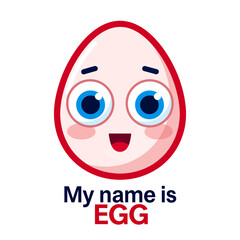 Fototapeta premium Cute egg character with big blue eyes and happy smile, flat colorful design isolated