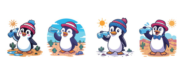 Stay Hydrated with Penguin Power: Quench your thirst with these adorable penguin characters enjoying refreshing water in the desert heat, perfect for summer fun