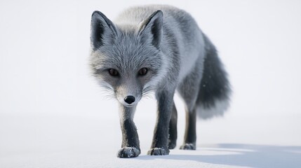 Naklejka premium A close up of a grey fox walking in the snow with a white background looking at the camera angle view