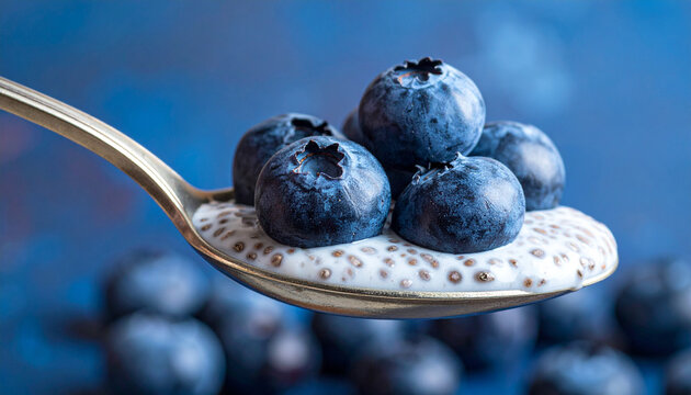 Spoonful of chia pudding with fresh blueberries in macro close-up - Powered by Adobe