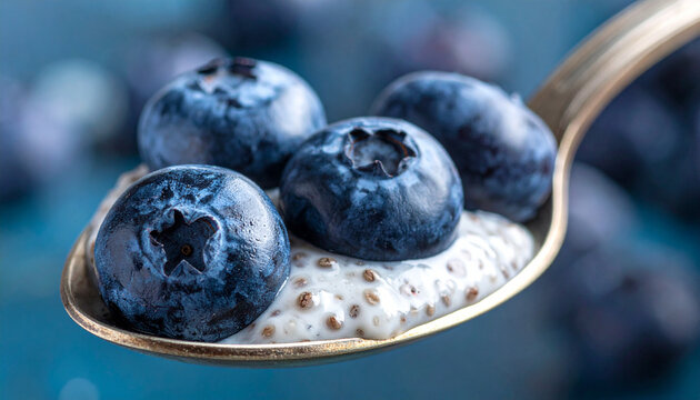 Chia pudding spoon with fresh blueberries macro close-up