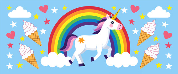 Cute unicorn with rainbow and ice cream in colorful flat style on blue sky