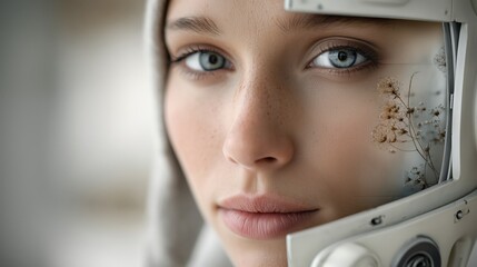 Human face blending with futuristic interface and dried flowers