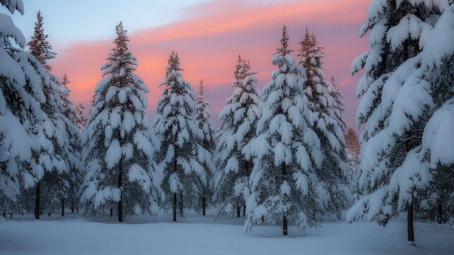 Snow covered pine trees under a pastel sky create a serene winter landscape in the forest scene