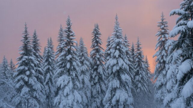 Snow covered evergreen trees under a pastel sky during winter at dusk or dawn in a forest setting