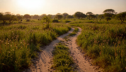 Fototapeta premium Winding Dirt Path through Tall Grass at Sunrise in a Serene Landscape