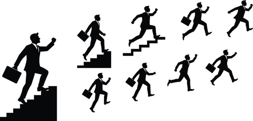 Businessman climbing stairs and running upward symbolizing success, motivation, achievement, growth, leadership, ambition, progress, hard work, and career development.