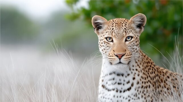 Detailed Wildlife Portrait of a Leopard Resting in a Savanna With Soft Green Foliage in the Background Under Soft Natural Light