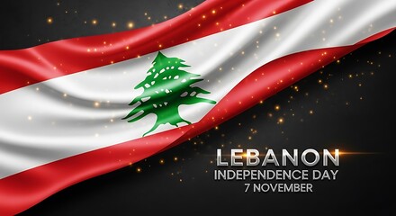 Lebanon Independence Day: Waving Flag with Cedar Tree and Sparkling Lights