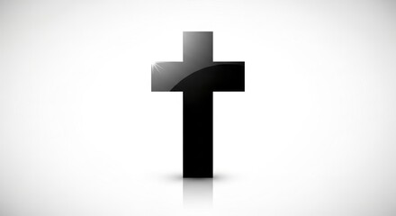 Glossy Black Christian Cross with Reflection on White Gradient Background