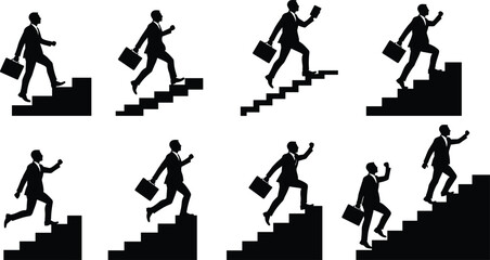 Businessman climbing stairs silhouette representing success, motivation, progress, ambition, leadership, growth, achievement, hard work, and career development concept.Businessman climbing stairs 