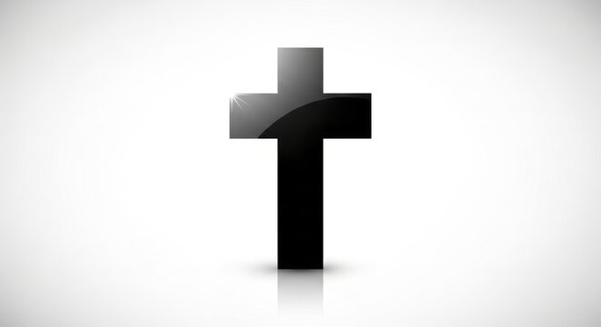 Glossy Black Christian Cross with Reflection on White Gradient Background - Powered by Adobe