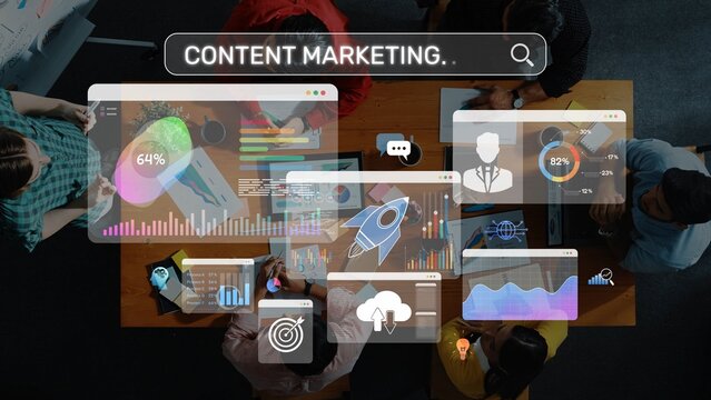 A dynamic top-down view of a diverse team engaged in brainstorming digital marketing strategies, utilizing visual data analytics in a contemporary workspace. Raster - Powered by Adobe