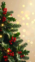 Close-Up Christmas Tree with Holly Berries