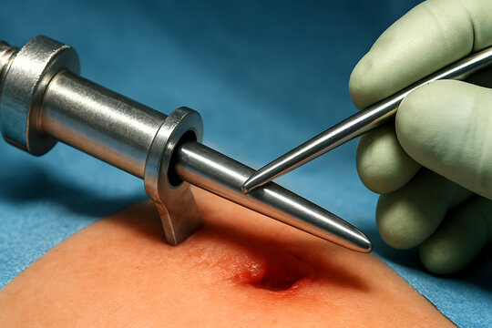 Close-up of a laparoscopic trocar insertion during minimally invasive surgery. The sterile metal instrument pierces the skin with precision, guided by gloved hands under bright surgical lighting.