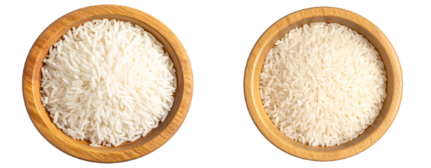 Uncooked White Rice in Wooden Bowl Top View with Minimal Style
