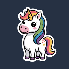 A cartoon unicorn with rainbow mane and tail standing on a dark blue background with a white outline