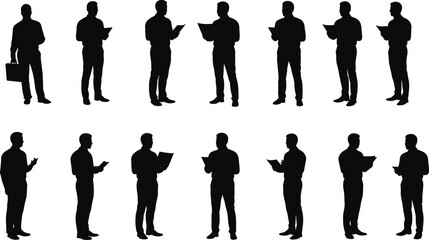 Businessman silhouette reading document, professional posture, corporate stance, office activity, formal attire, leadership concept, presentation preparation, business communication, executive role