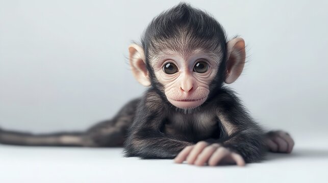 A captivating close up of a baby monkey lying down with its hands crossed on a white background