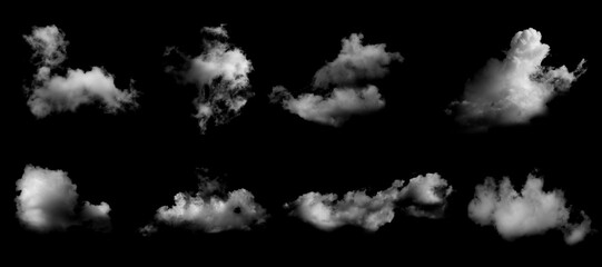 Realistic isolated cloud set on black background, perfect for sky replacement, and graphic design projects. High-resolution fluffy clouds with soft edges for photo compositing and effects.