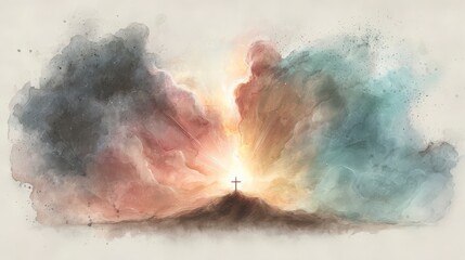 Spiritual abstract watercolor of light breaking through deep blue.