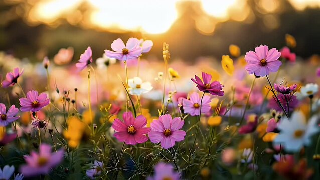 Colorful spring flowers blooming in meadow under warm sunset light