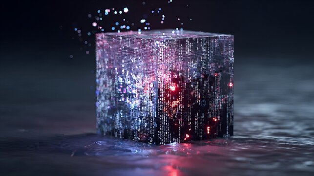 Dynamic digital cube pulsing with data streams and glowing code in abstract futuristic environment