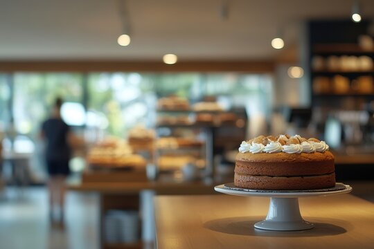 Various cakes displayed on a counter inside a cafeteria during daytime with a blurred background of customers and pastries - Powered by Adobe