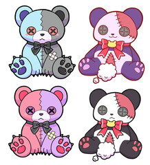 Creepy Cute Hand-drawn Death Plush Set &ndash; Teddy Bear and Torn Panda with Stitches and Ribbon