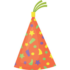 Orange Party Hat with Yellow Band and Green Tassel Decorated with Colorful Stars Circles and Confetti on Transparent Background