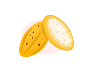 Obraz premium illustration of yellow cocoa fruit. The cocoa pod is split open, revealing the cocoa beans. Flat design style. White background.
