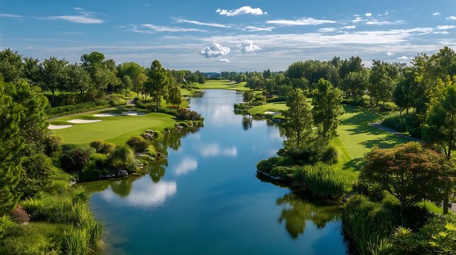 view of a golf course hole, showcasing perfect symmetry from the tee box to the green. The lush, emerald fairway is framed by identical trees on either side and geometric white sand traps. The 