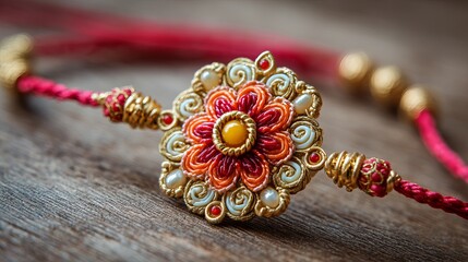 Exquisite Rakhi bracelet with vibrant floral design and pearls, symbolizing sibling love and tradition
