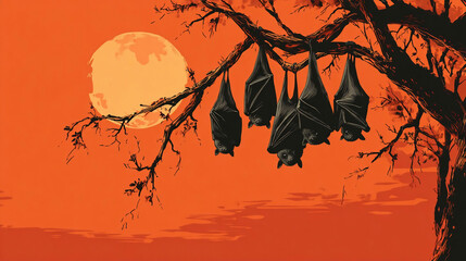bats hanging on a tree branch for halloween design