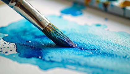 Obraz premium Wet brush spreading aqua blue watercolor on cold-pressed paper in close-up detail