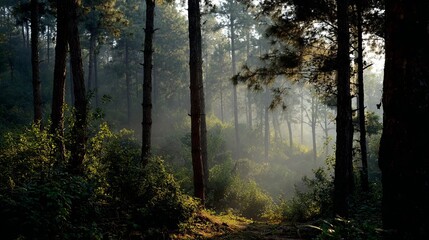 Misty forest path bathed in golden morning light, serene woodland with lush green foliage and tall trees