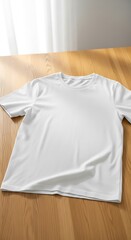 White T-Shirt on Wooden Table - Minimalist Apparel Still Life.