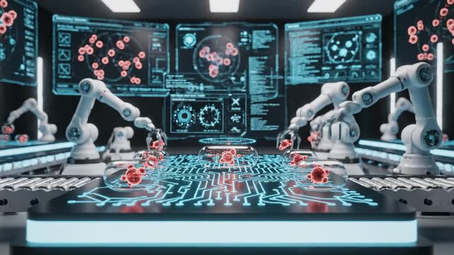 Futuristic lab scene shows robotic arms, red spheres, glass vials, and a circuit board