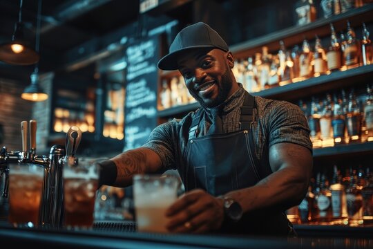Stylish black bartender skillfully serving cocktails to customers in an upscale downtown bar during the evening hours
