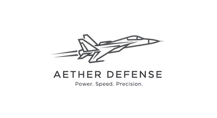 Aether Defense fighter jet logo in a minimalist line art style.