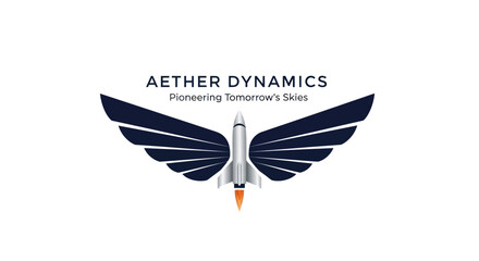 Aether Dynamics Logo Featuring Rocket with Winged Design, Symbolizing Innovation and Flight.