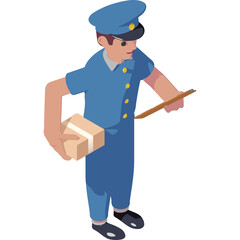 Isometric View Of A Mailman In Blue Uniform Holding A Package And A Clipboard With A Transparent Background