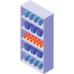 Isometric View Of A Light Purple Retail Shelf With Various Packaged Goods In Blue Red And Yellow Colors On A Transparent Background