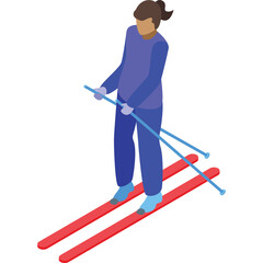 Isometric view of a person in a purple ski suit holding ski poles and standing on red skis against a white background representing winter sports and outdoor activity