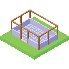 Isometric View of a Partially Constructed Swimming Pool Frame With Wooden Supports And A Gridded Base On Green Grass